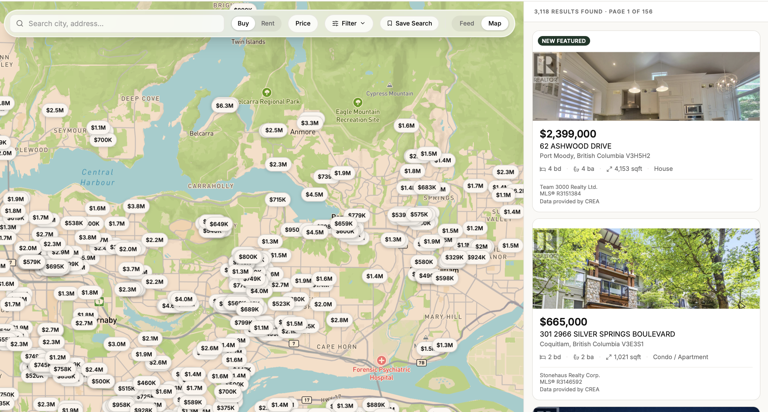 Vicinus search screen showing Greater Vancouver listings on the map beside the results list